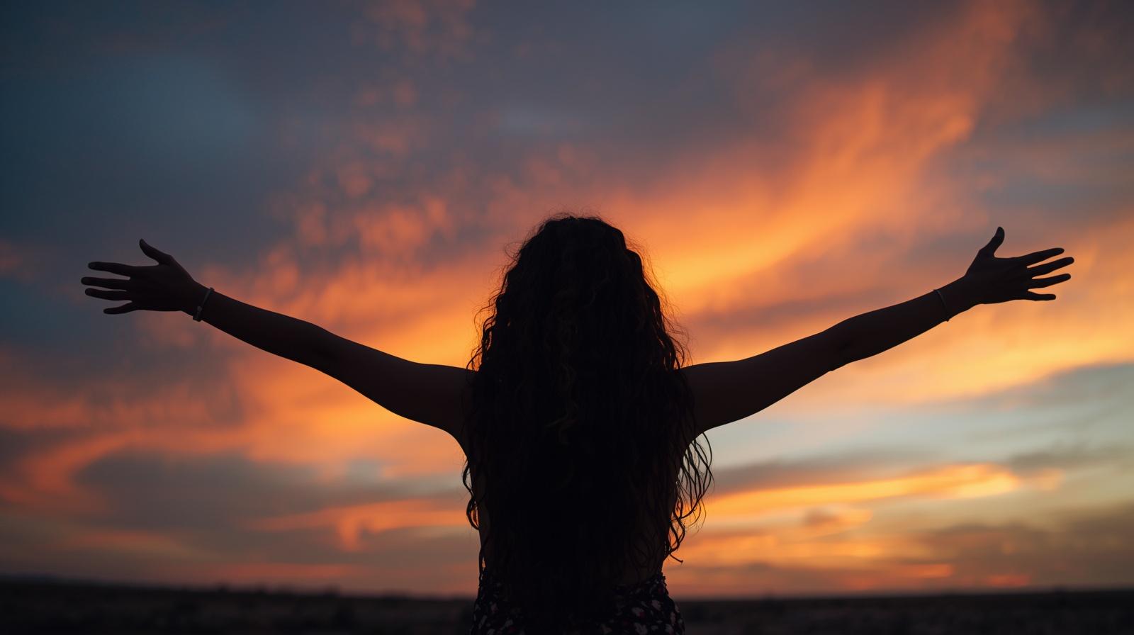 Mulher de costas com braços abertos, em momento de liberdade e autoconhecimento